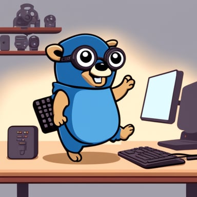 Go Blue Gopher holding a mechanical keyboard on his side.