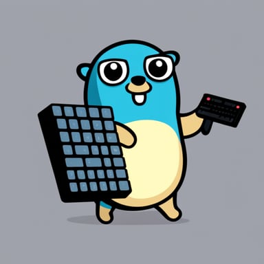 Go Blue Gopher holding a mechanical keyboard on his side.