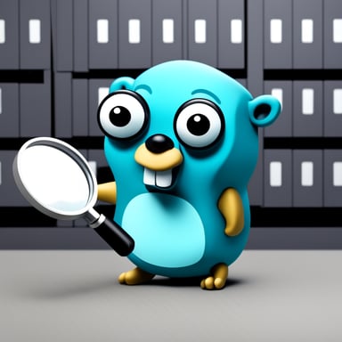 Go Blue Gopher with a magnifying glass looking for files in an opened hard drive.
