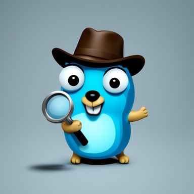 Go Blue Gopher with a magnifying glass looking for files in an opened hard drive.