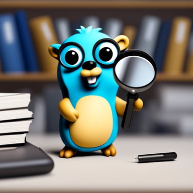 Go Blue Gopher with a magnifying glass looking for files in an opened hard drive.