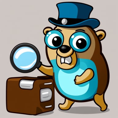 Go Blue Gopher with a magnifying glass looking for files in an opened hard drive.