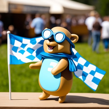 Happy Go Blue Gopher holding a Bavarian flag at the Oktoberfest.