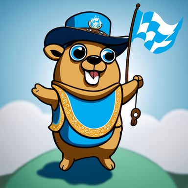 Happy Go Blue Gopher holding a Bavarian flag at the Oktoberfest.