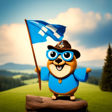 Happy Go Blue Gopher holding a Bavarian flag at the Oktoberfest.