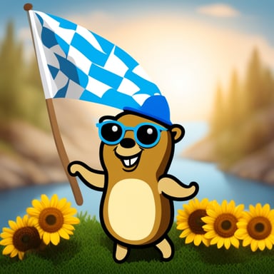 Happy Go Blue Gopher holding a Bavarian flag at the Oktoberfest.