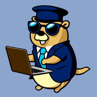 Go Blue Gopher with glasses and formal business attire coding on a laptop