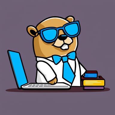 Go Blue Gopher with glasses and formal business attire coding on a laptop