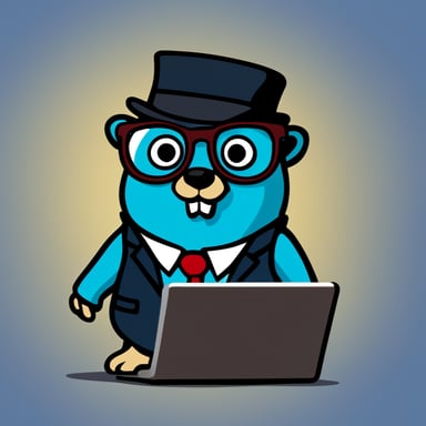 Go Blue Gopher with glasses and formal business attire coding on a laptop
