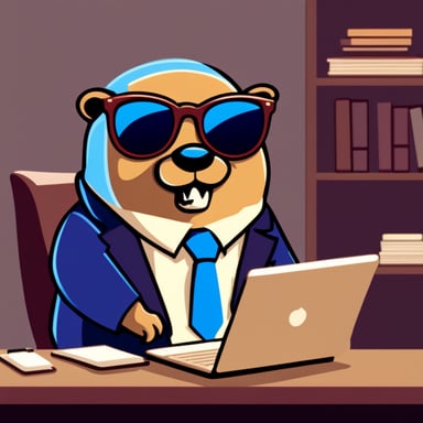 Go Blue Gopher with glasses and formal business attire coding on a laptop