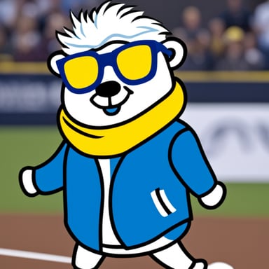 Go Blue Gopher sports white hair and sunglasses, radiating cool vibes.