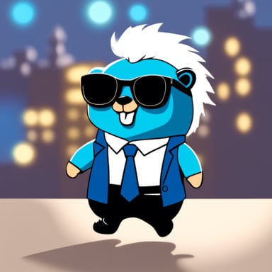 Go Blue Gopher is looking stylish with white anime hair, black sunglasses, and a crisp white shirt.