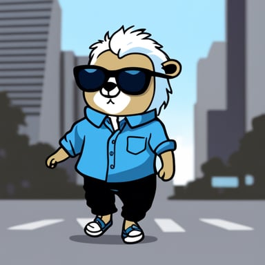 Go Blue Gopher with white anime hair, black sunglasses, and a white shirt.
