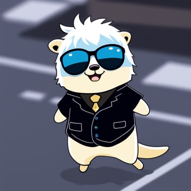 Go Blue Gopher, styled with white anime hair, black sunglasses, and a white shirt, takes on the role of Gojo Satoru.