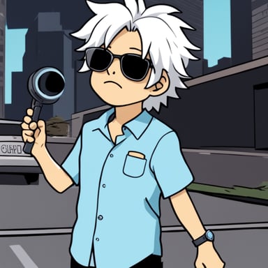 Go Blue Gopher, styled with white anime hair, black sunglasses, and a white shirt, takes on the role of Gojo Satoru.