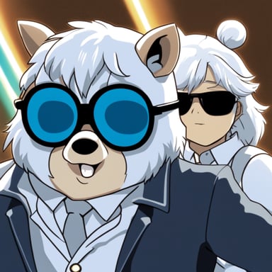 Go Blue Gopher, styled with white anime hair, black sunglasses, and a white shirt, takes on the role of Gojo Satoru.