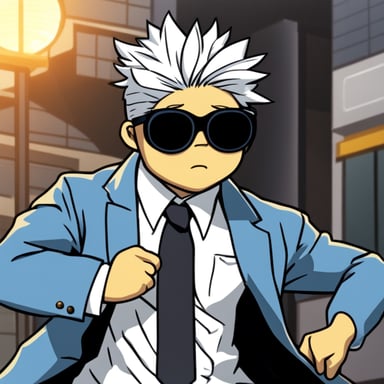 Go Blue Gopher, styled with white anime hair, black sunglasses, and a white shirt, takes on the role of Gojo Satoru.