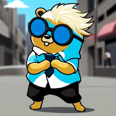 Go Blue Gopher, styled with white anime hair, black sunglasses, and a white shirt, takes on the role of Gojo Satoru.