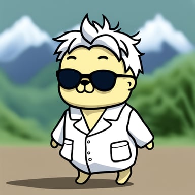 Go Blue Gopher, styled with white anime hair, black sunglasses, and a white shirt, takes on the role of Gojo Satoru.