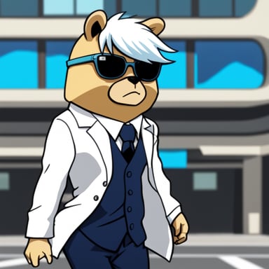 Go Blue Gopher, styled with white anime hair, black sunglasses, and a white shirt, takes on the role of Gojo Satoru.