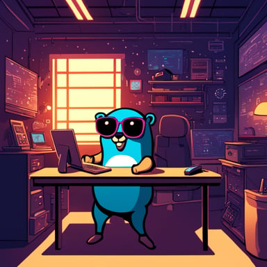 Go Blue Gopher is programming in a cyberpunk setting, hacking through challenges but also being a bloomer, embracing positive growth amidst the high-tech landscape.