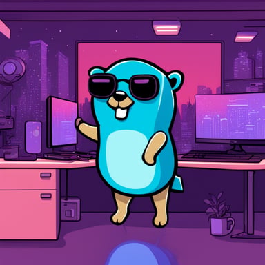 Go Blue Gopher is programming in a cyberpunk setting, hacking through challenges but also being a bloomer, embracing positive growth amidst the high-tech landscape.