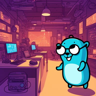 Go Blue Gopher is programming in a cyberpunk setting, hacking through challenges but also being a bloomer, embracing positive growth amidst the high-tech landscape.