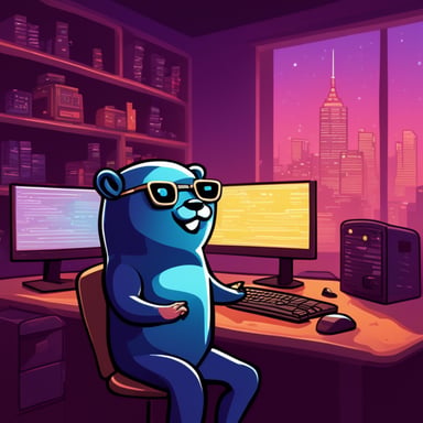 Go Blue Gopher is programming in a cyberpunk setting, hacking through challenges but also being a bloomer, embracing positive growth amidst the high-tech landscape.