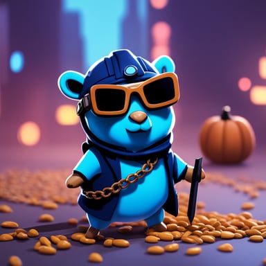 A cool-looking blue cyberpunk Go Blue Gopher hacking, while being a bloomer with Halloween decoration.