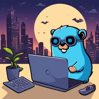 A cool-looking blue cyberpunk Go Blue Gopher hacking, while being a bloomer with Halloween decoration.