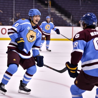 Go Blue Gopher enjoying happy hockey passing.