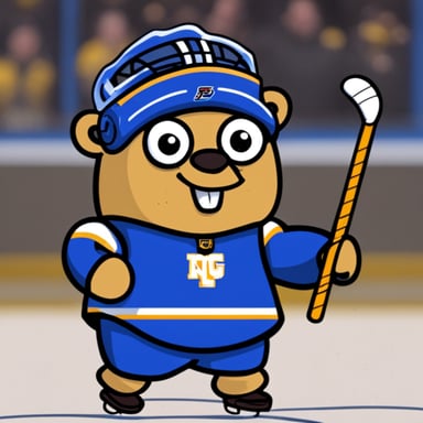 Go Blue Gopher enjoying happy hockey passing.