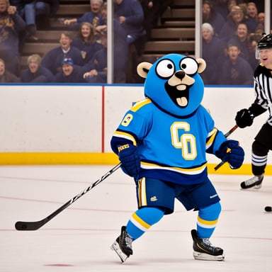 Go Blue Gopher enjoying happy hockey passing.