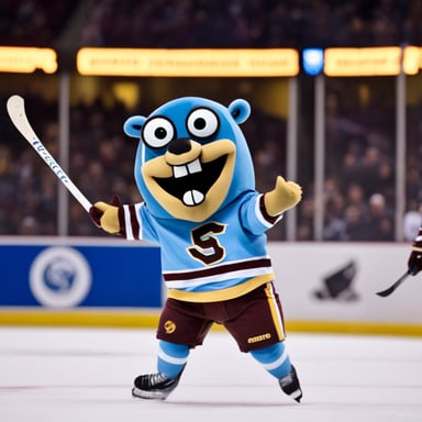 Go Blue Gopher enjoying happy hockey passing.