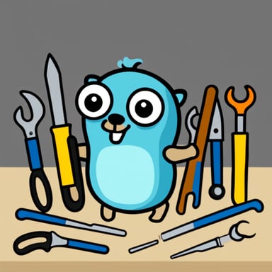 Go Blue Gopher holding many tools like screwdrivers etc.