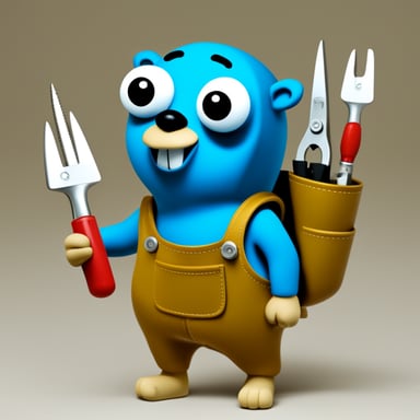 Go Blue Gopher holding many tools like screwdrivers etc.