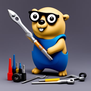 Go Blue Gopher holding many tools like screwdrivers etc.