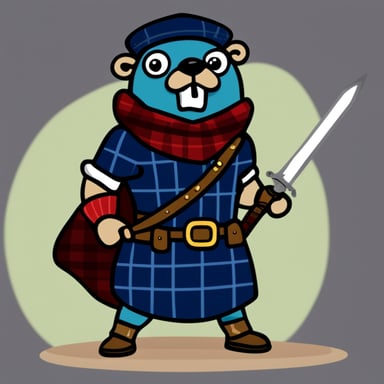 Go Blue Gopher wearing tartan and wielding a sword.