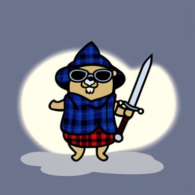 Go Blue Gopher wearing tartan and wielding a sword.
