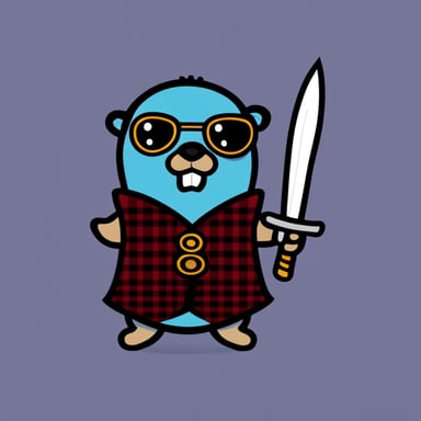Go Blue Gopher wearing tartan and wielding a sword.
