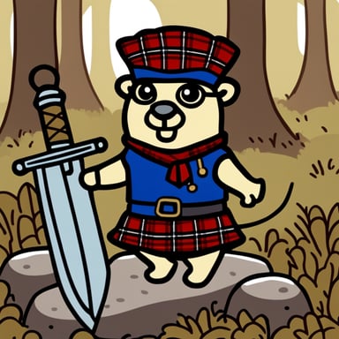 Go Blue Gopher, wearing a tartan kilt and wielding a claymore.