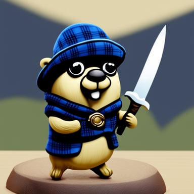 Go Blue Gopher, wearing a tartan kilt and wielding a claymore.