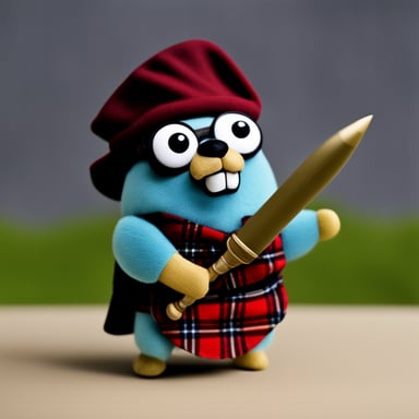 Go Blue Gopher, wearing a tartan kilt and wielding a claymore.