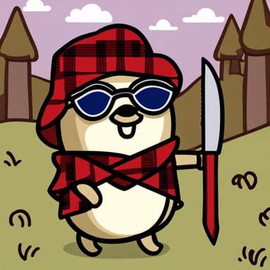 Go Blue Gopher, wearing a tartan kilt and wielding a claymore.