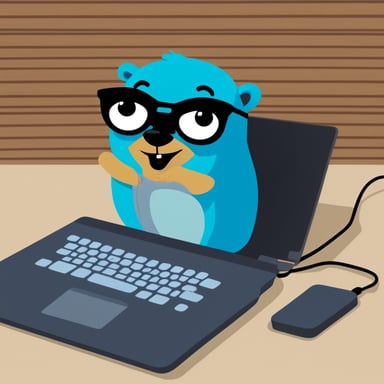Go Blue Gopher with an IoT device in one hand and a laptop in the other.