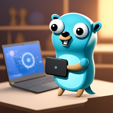 Go Blue Gopher with an IoT device in one hand and a laptop in the other.