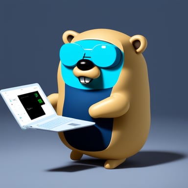 Go Blue Gopher with an IoT device in one hand and a laptop in the other.