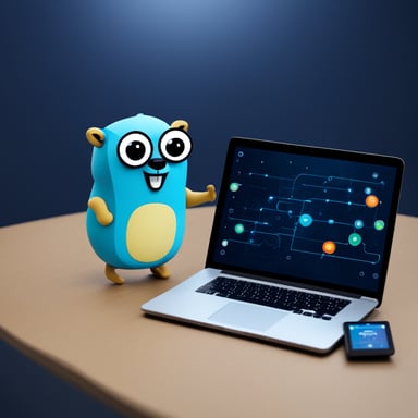 Go Blue Gopher with an IoT device in one hand and a laptop in the other.