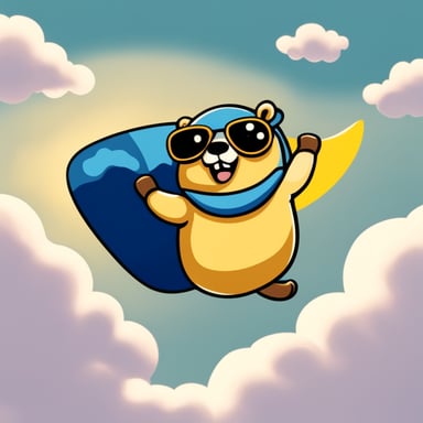 Go Blue Gopher goes skydiving, soaring through the sky with excitement.