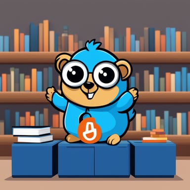 Create a logo for a GitHub organization focused on API libraries written in Go, featuring Go Blue Gopher in a library, embodying the mascot of Go with a unique blue twist.
